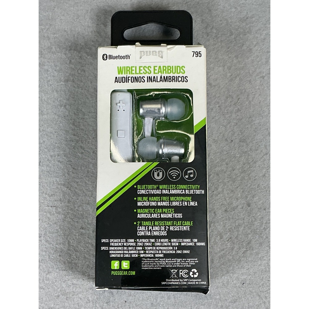 Pugs 795 Wireless Bluetooth Earbuds White Silver Magnetic Mic New